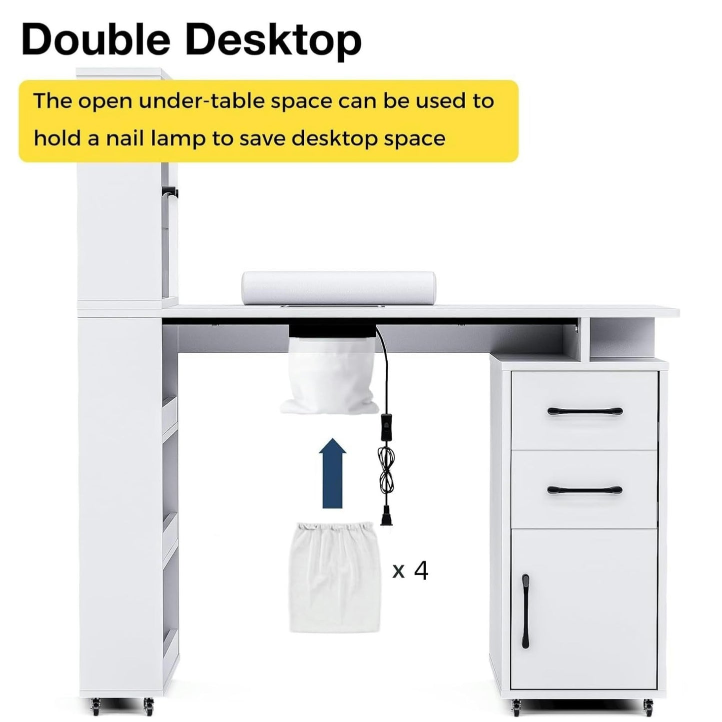 Kikihouse Manicure Table Nail Desk for Nail Tech w/Glass Door Storage Cabinets & Wrist Rest, Beauty Salon Nail Supplies Decor Workstation Acetone Resistant, with Dust Collector (White)