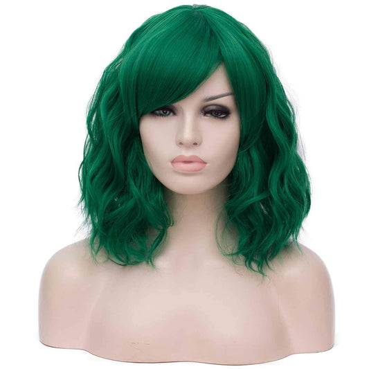 Mildiso Dark Green Wigs for Women Short Curly Wavy Bob Wig with Bangs Cute Synthetic Wig for Daily Party M073