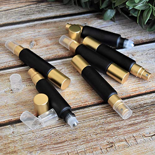 6-Pack Black Glass Bottles with Dual Ends ? Sprayer & Roller Tops ? Leakproof, Premium Essential Oil & Perfume Bottles with Elegant Gold Accents ? Refillable Custom Blend Containers