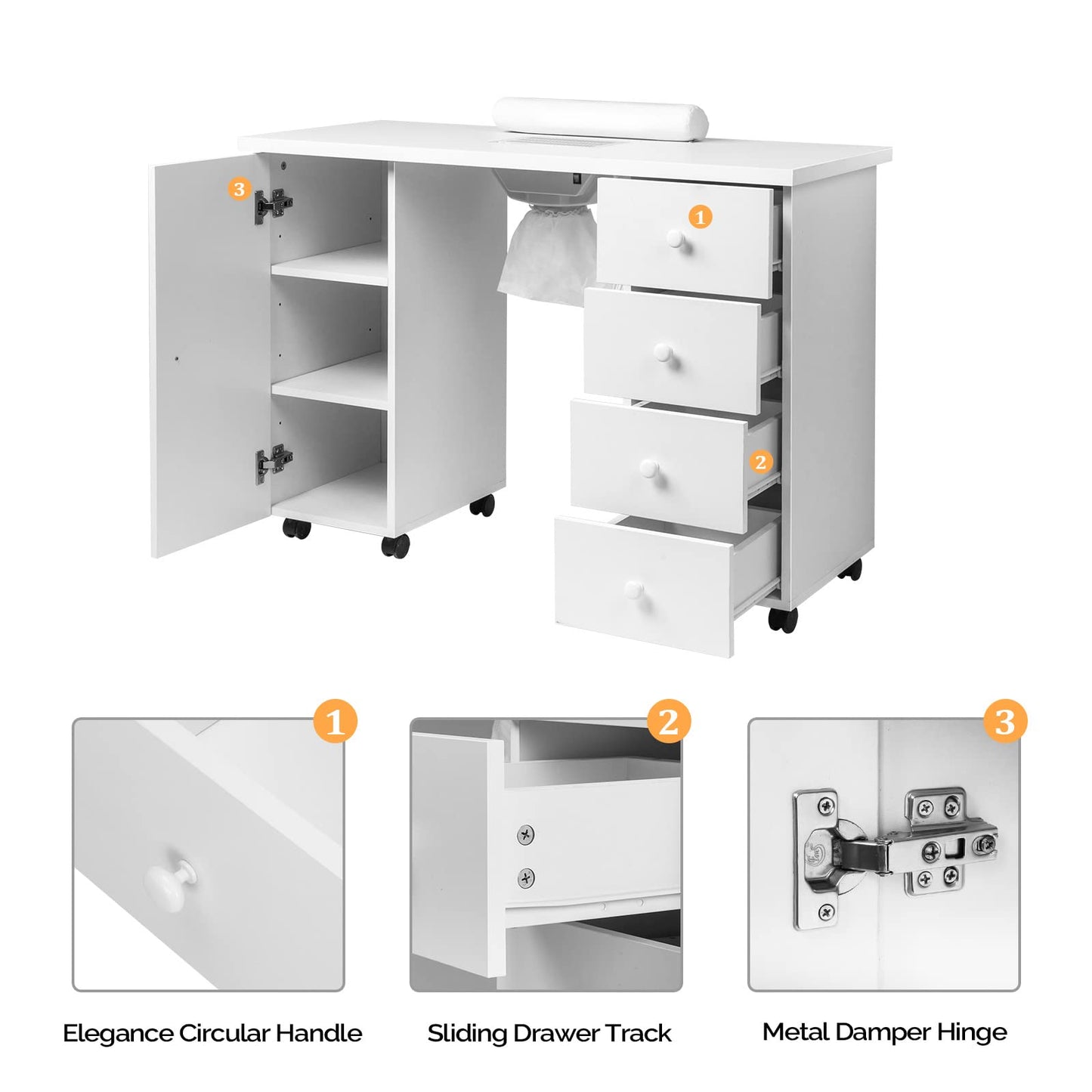 OmySalon Manicure Table Nail Desk for Nail Tech, Nail Table Beauty Salon Tech Station w/Electric Downdraft Vent, Lockable Wheels,Wrist Cushion,Storage Drawers