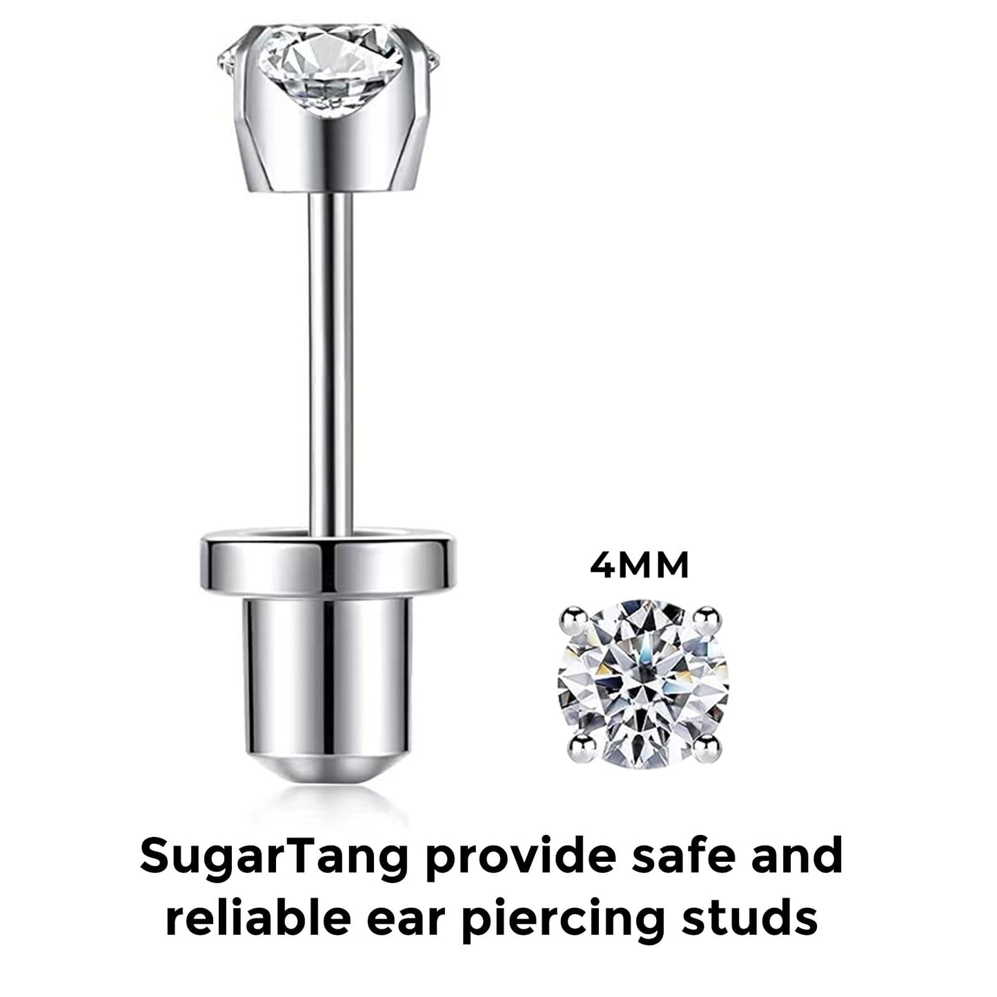SugarTang Ear Piercing Kit | Disposable Ear Piercing Gun Kit Made in 316L Surgical Stainless Steel 4mm - 4prong Cubic Zirconia | At Home Self Piercing Kit with Earrings Studs