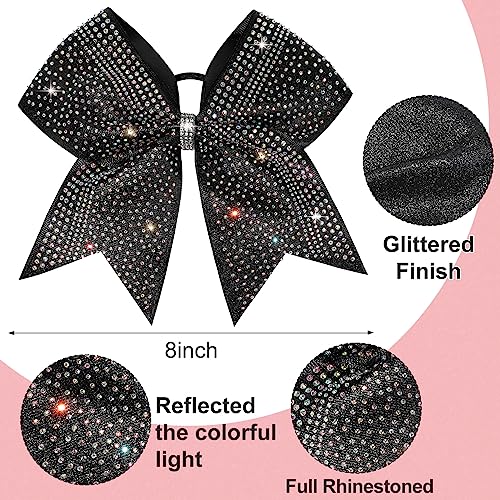 Cheerleader Hair Bows Set - Glitter Black with Rhinestones - 8 Inch, 6 Pack