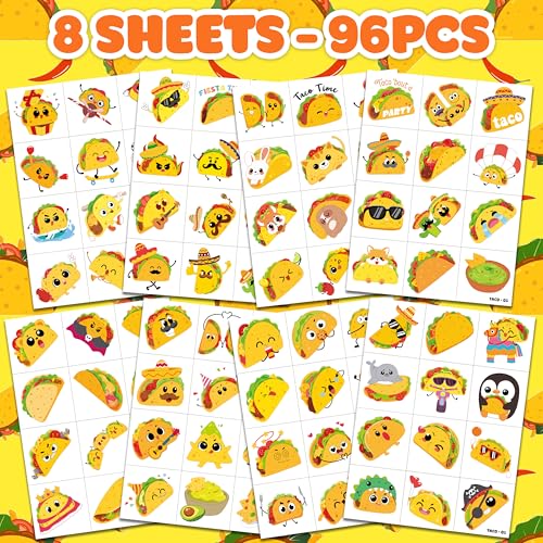 96 PCS Taco Mexican Fiesta Pre-Cut Temporary Tattoos for Kids | Cute Cinco de Mayo Themed Birthday Party Favors, Supplies, Decorations, Fake Tattoo Stickers, School Rewards Prizes & Gifts Boys Girls