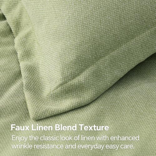 Queen Sage Green Comforter Set 7 Pieces - Linen Texture Bed in a Bag