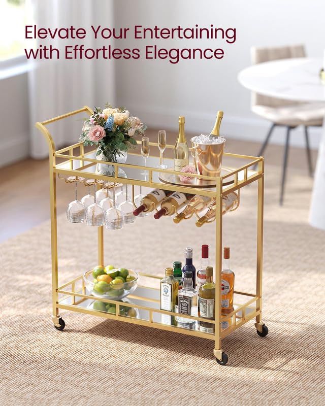 VASAGLE Gold Bar Cart with Mirrored Shelves, Wine & Glass Holders, 33.9"W