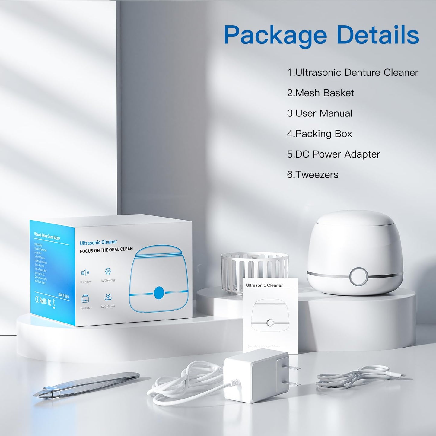 Midomi Ultrasonic Retainer Cleaner, 45kHz Denture Cleaner Machine, 5min and 10min Modes with Rechargable Top Cover, 200ml Dental Cleaning Pod, MouthGuard Cleaner for Aligner NightGuard Jewelry(White)