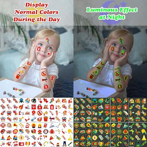 96 PCS Firefighter Firetruck Pre-Cut Luminous Glow in the dark Temporary Tattoos for Kids | Super Cute Themed Birthday Party Favors, Supplies, Decorations, Fake Tattoo Stickers Gifts for Boys Girls
