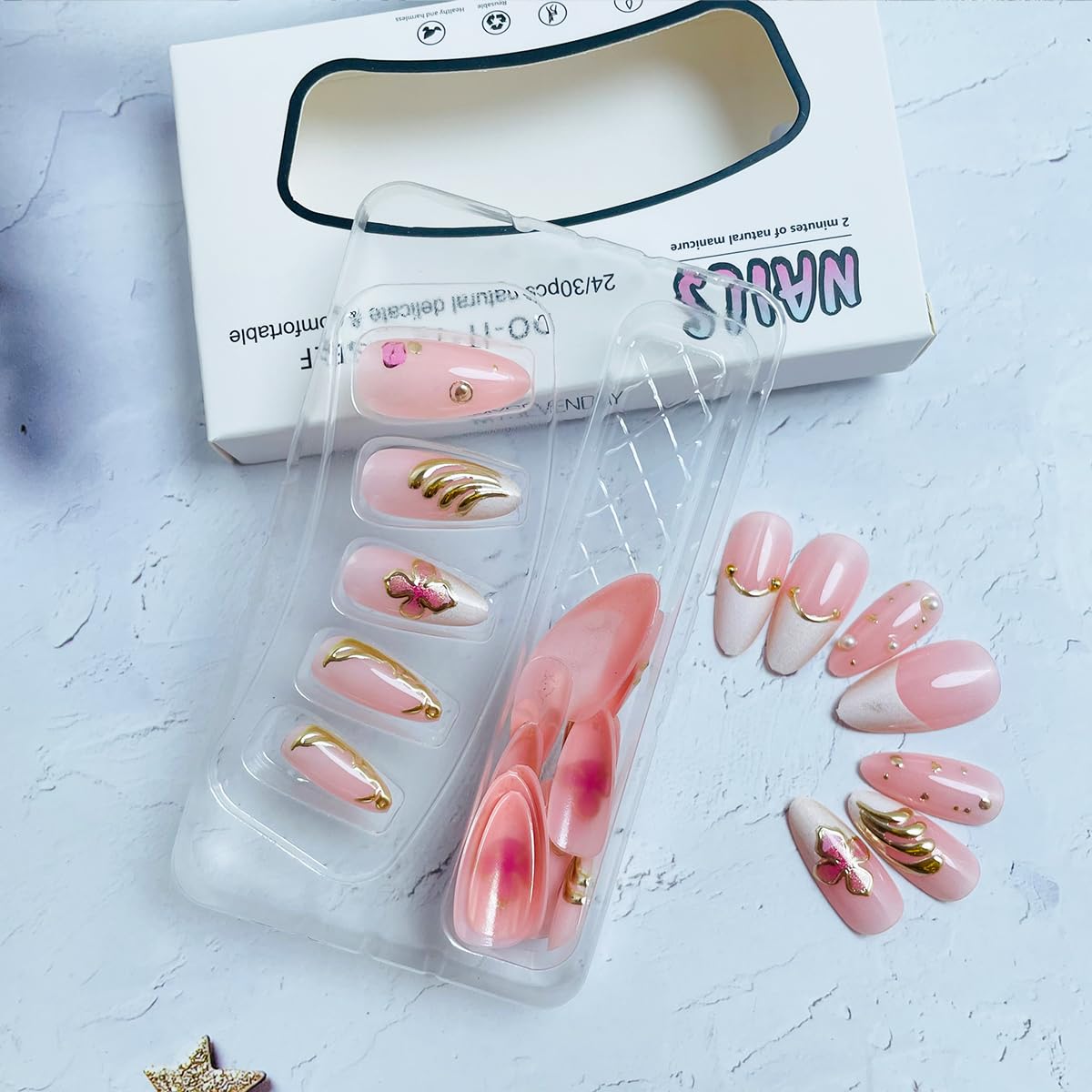 Almond Press on Nails Medium Pink Fake Nails Kit 3D Flower Gold Chrome Designs Glossy Fale Nails Acrylic Press Ons White French Tip Glue on Nails Full Cover Stick on Nails for Women Girls 24Pcs