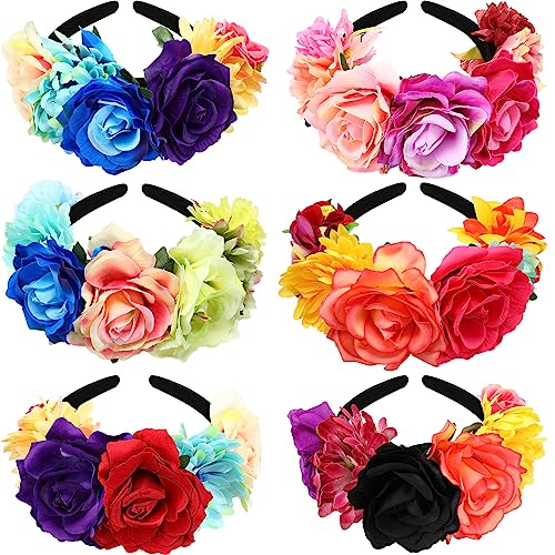 6 Pcs Mexican Fiesta Flower Crown Headbands for Women - Colorful & Elegant