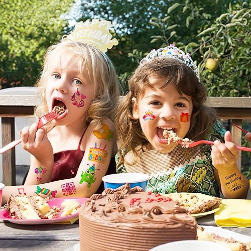 Happy Birthday Temporary Tattoos - 96 PCS Fun Cute Cartoon Themed Stickers for Kids Birthday Party Supplies Decorations Favors and Prizes - Cute Gifts for kids & teens Gifts Teacher Classroom School