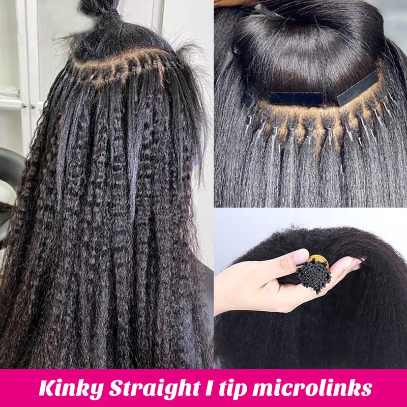 16 Inch Curly I Tip Human Hair Extensions - Pre Bonded Micro Beads, 50g, Kinky Straight Remy Hair for Women - Variation #1B-KS