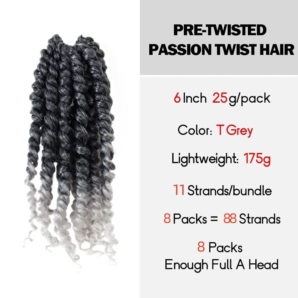 WUDAS Short Passion Twist Hair 6 Inch Pre-twisted Passion Twists Crochet Hair Ombre Grey Pre-looped Synthetic Crochet Braids (8 Packs,TGrey)