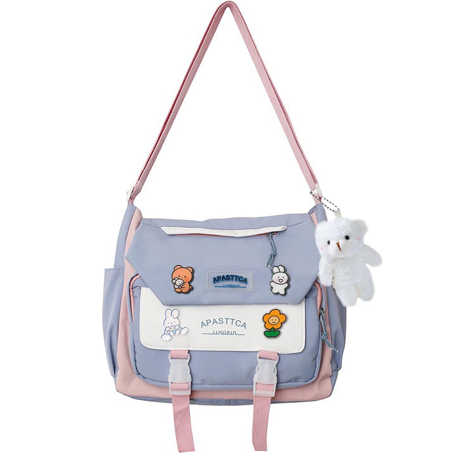 PRLINJSK Cute Messenger Bag for Teen Girls Women, Kawaii Crossbody Shoulder Purse with Pins and Stuffed Pendant Gift
