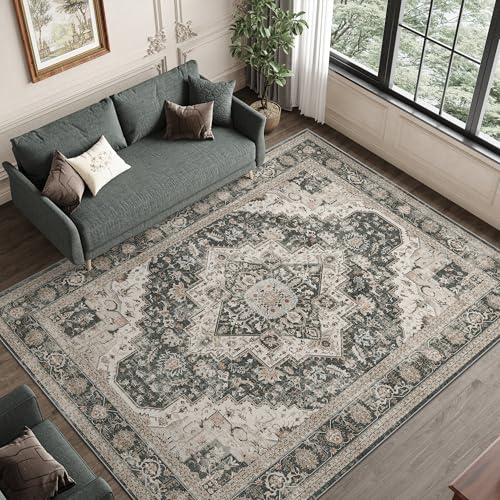 Washable Area Rug 8x10 Vintage Living Room Carpet - Black & Beige
