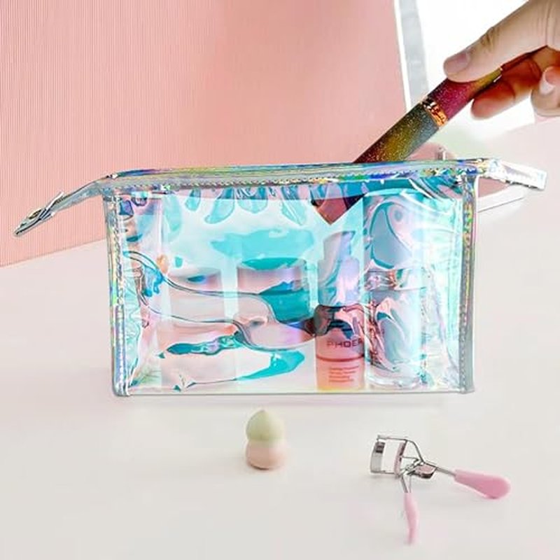 4 Pcs Holographic Makeup Bags Bulk, Small Iridescent Pouch Portable Toiletry Cosmetic Bag with Zipper, Travel Makeup Brush Holder Organizer Bag case (Blue)