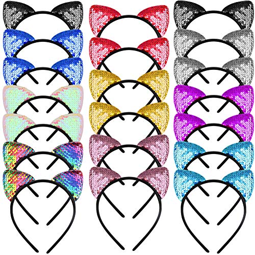 20 Pieces Reversible Sequin Cat Ear Headbands for Girls & Women - Cute Hair Accessories