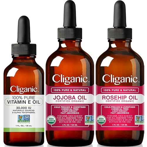 Cliganic Face Oil Trio: Vitamin E, Jojoba, Rosehip Oil