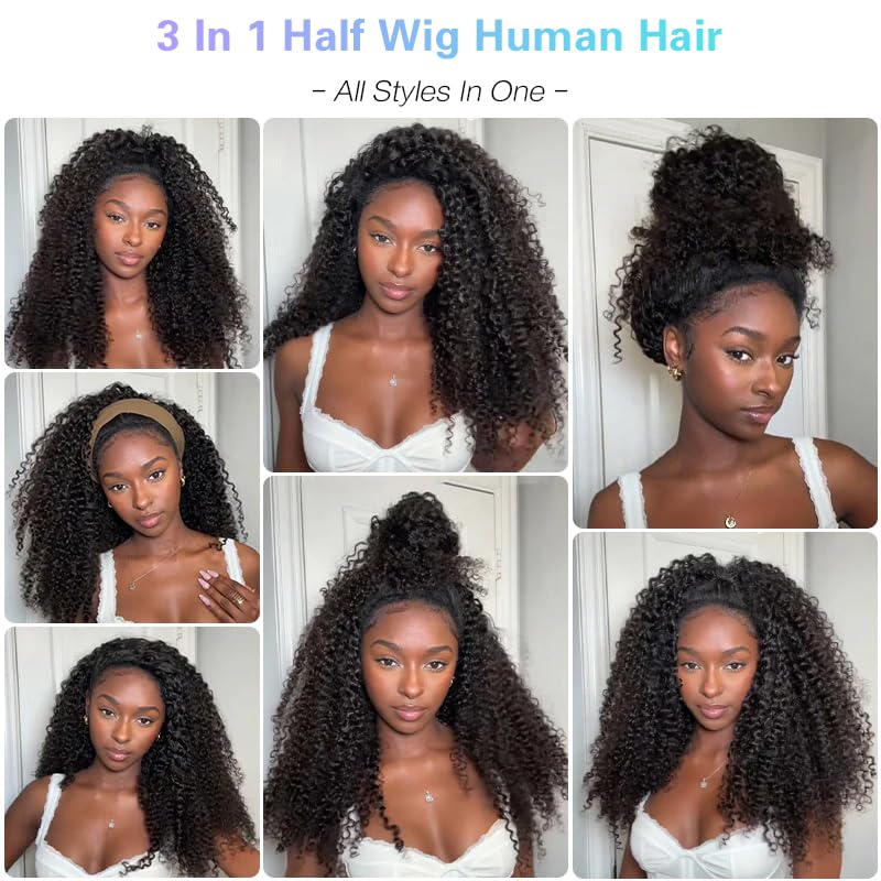 16 Inch Water Wave Half Wig Human Hair Glueless 3-in-1 Drawstring Headband Style for Black Women