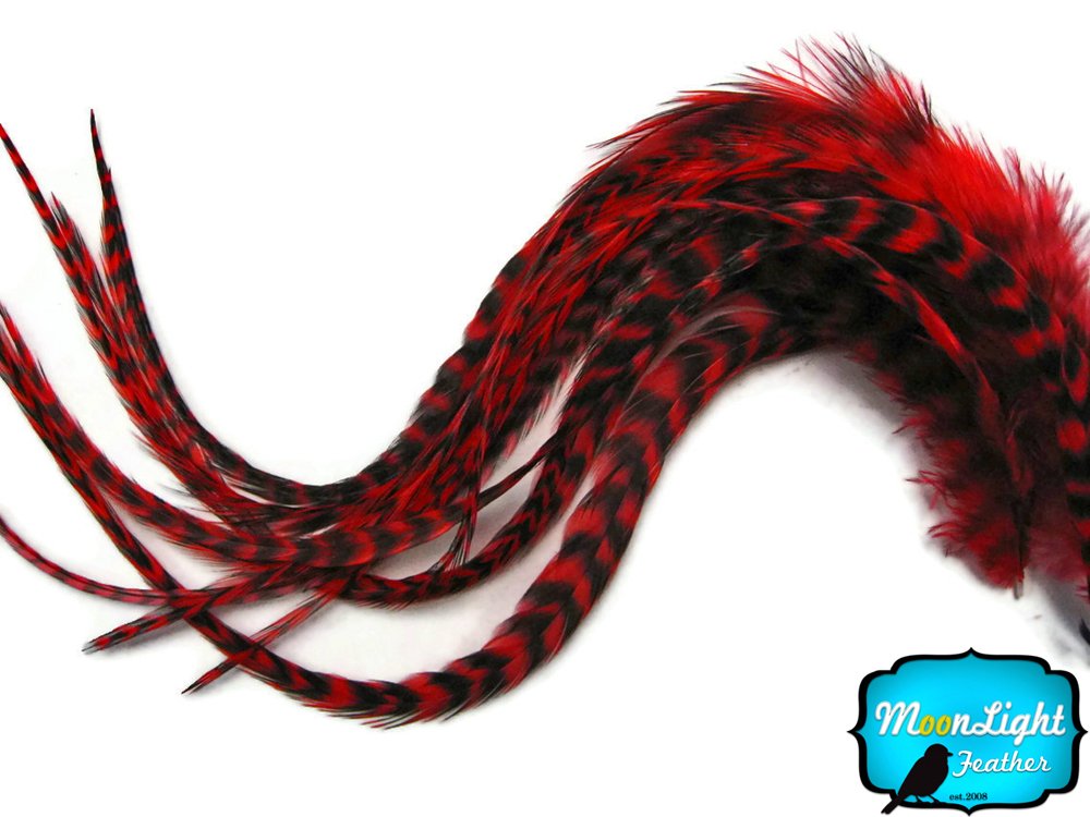 Moonlight Feather, Hair Extension Feathers; 6 Pieces - XL Red Grizzly Thick Extra Long Rooster Hair Extension Feathers