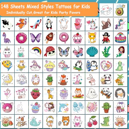 Tattoos for Kids - 148 Individually Sheets Mixed Styles Temporary Tattoos Stickers Set for Girls and Boys Birthday Party Supplies
