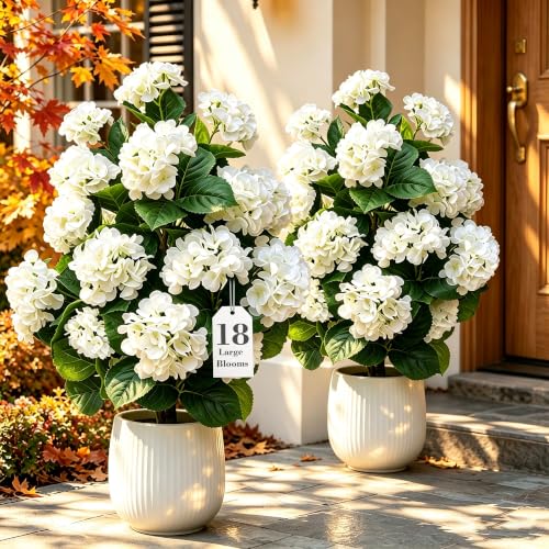 White Faux Hydrangea Tree Set - 2 Pcs 32 Inch Artificial Flowering Plants with Pot for Fall Decor