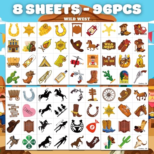96 PCS Western Cowboy Pre-Cut Temporary Tattoos for Kids First Themed Birthday Party Supplies Favors Decorations 8 Sheets Super Cute Fake Tattoo Stickers Gifts For Boys Girls School Rewards