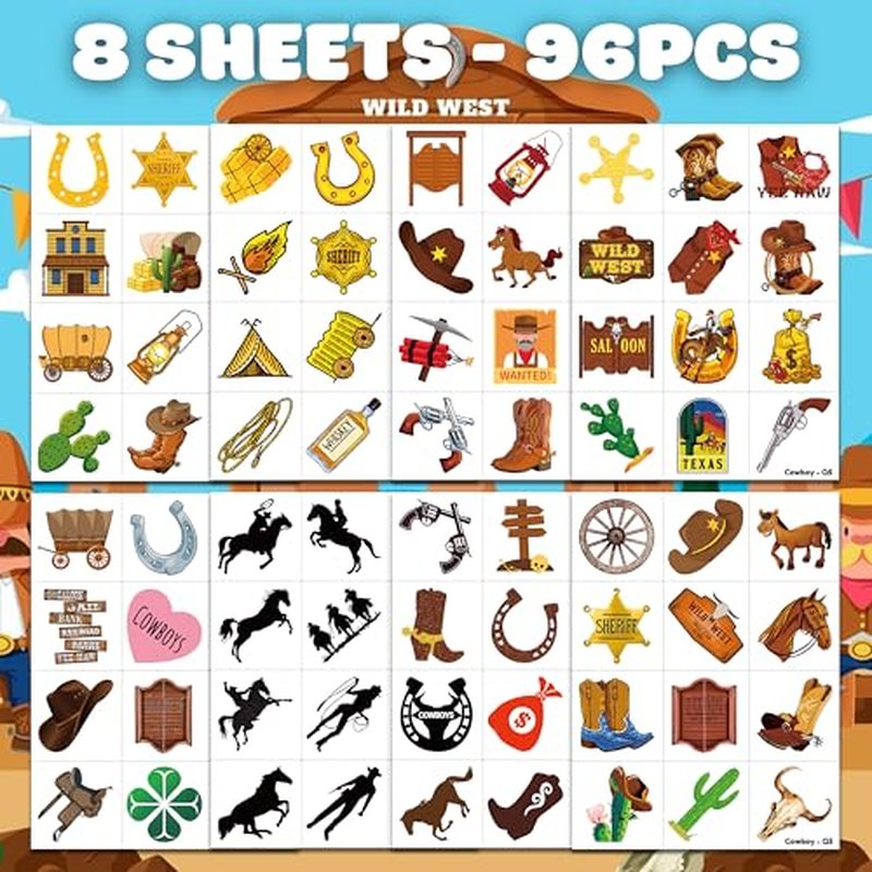 96 PCS Western Cowboy Pre-Cut Temporary Tattoos for Kids First Themed Birthday Party Supplies Favors Decorations 8 Sheets Super Cute Fake Tattoo Stickers Gifts For Boys Girls School Rewards