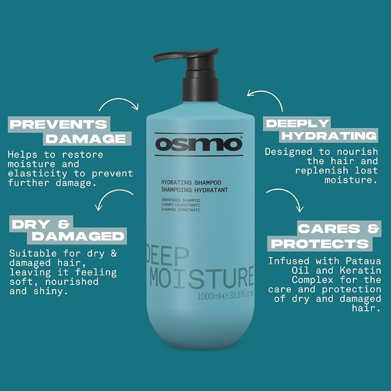 Osmo Deep Moisture Shampoo 1000ml - Frizz Control with Ylang Ylang, Patchouli & Panthenol Pro‑Vitamin B5 (33.8 fl oz Pack of 1) - New Packaging