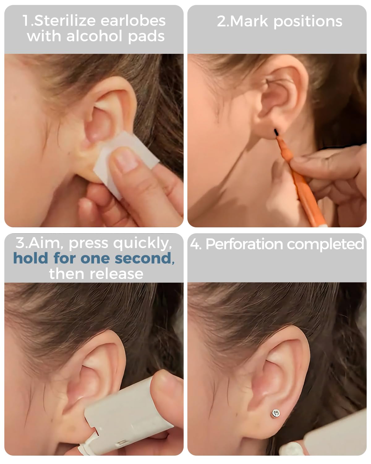 SugarTang Ear Piercing Kit | Disposable Ear Piercing Gun Kit Made in 316L Surgical Stainless Steel 4mm - 4prong Cubic Zirconia | At Home Self Piercing Kit with Earrings Studs