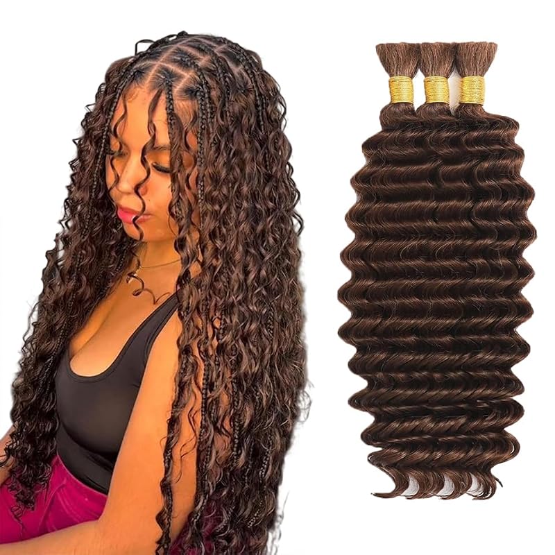 Brown Human Braiding Hair Extensions 18 Inch 3 Bundles Deep Wave Virgin Hair