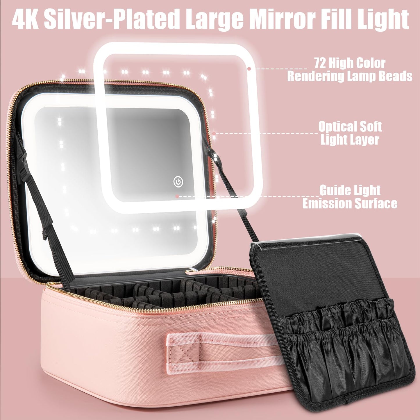 Extrei Gent Makeup Travel Train Case with Mirror LED Light 3 Adjustable Brightness Large Cosmetic Bag Portable Storage Adjustable Partition Waterproof Makeup Brushes Make up Jewelry Gift for Women