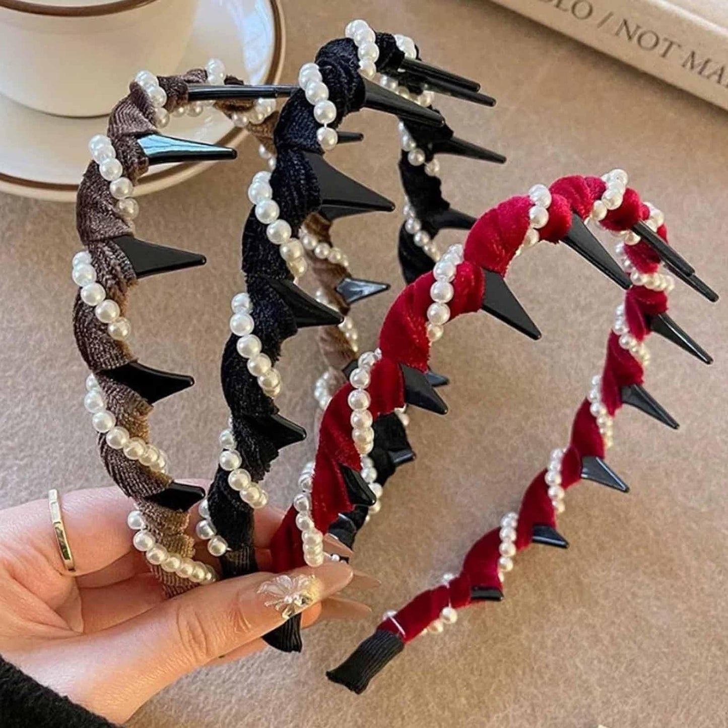 Vintage High Cranium Artificial Pearl Hairband, Bridal Hair Hoops Rhinestones Hair Accessories, Hairs Bands with Teeth Hoop, Fashion Wide Beaded Bling Head Band, Knotted Headband for Women Girls(Red)