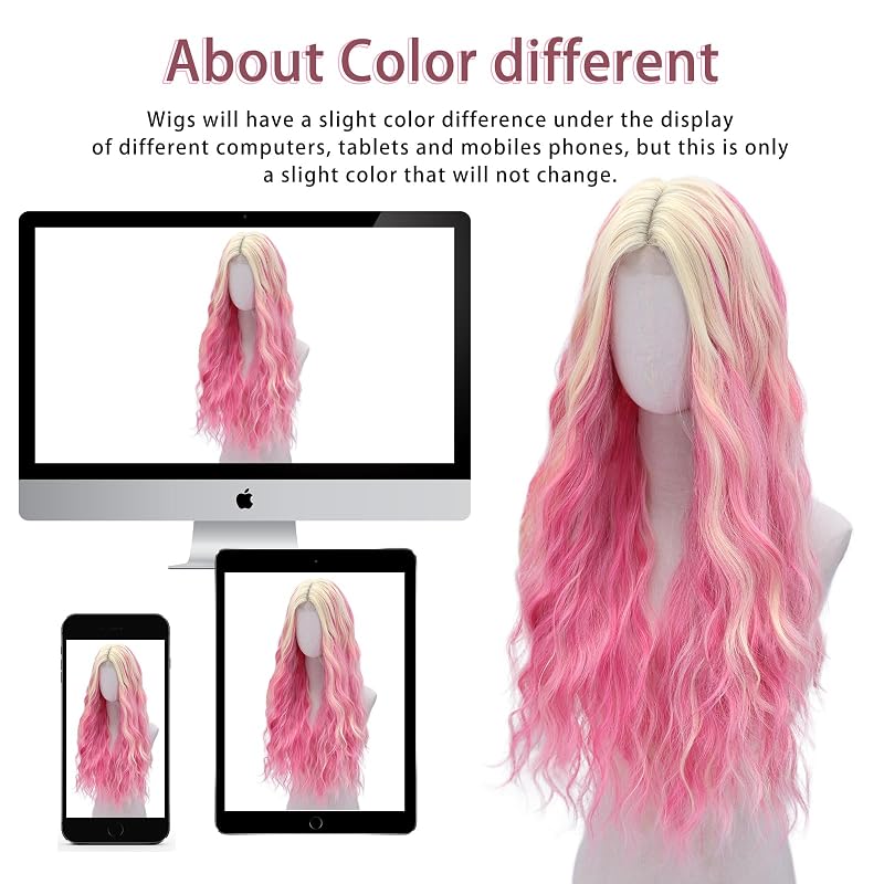 Pink Blonde 28 Inch Wavy Lace Front Wig - Long Synthetic Hair for Women, Variation: Pink Blonde+28 Inch