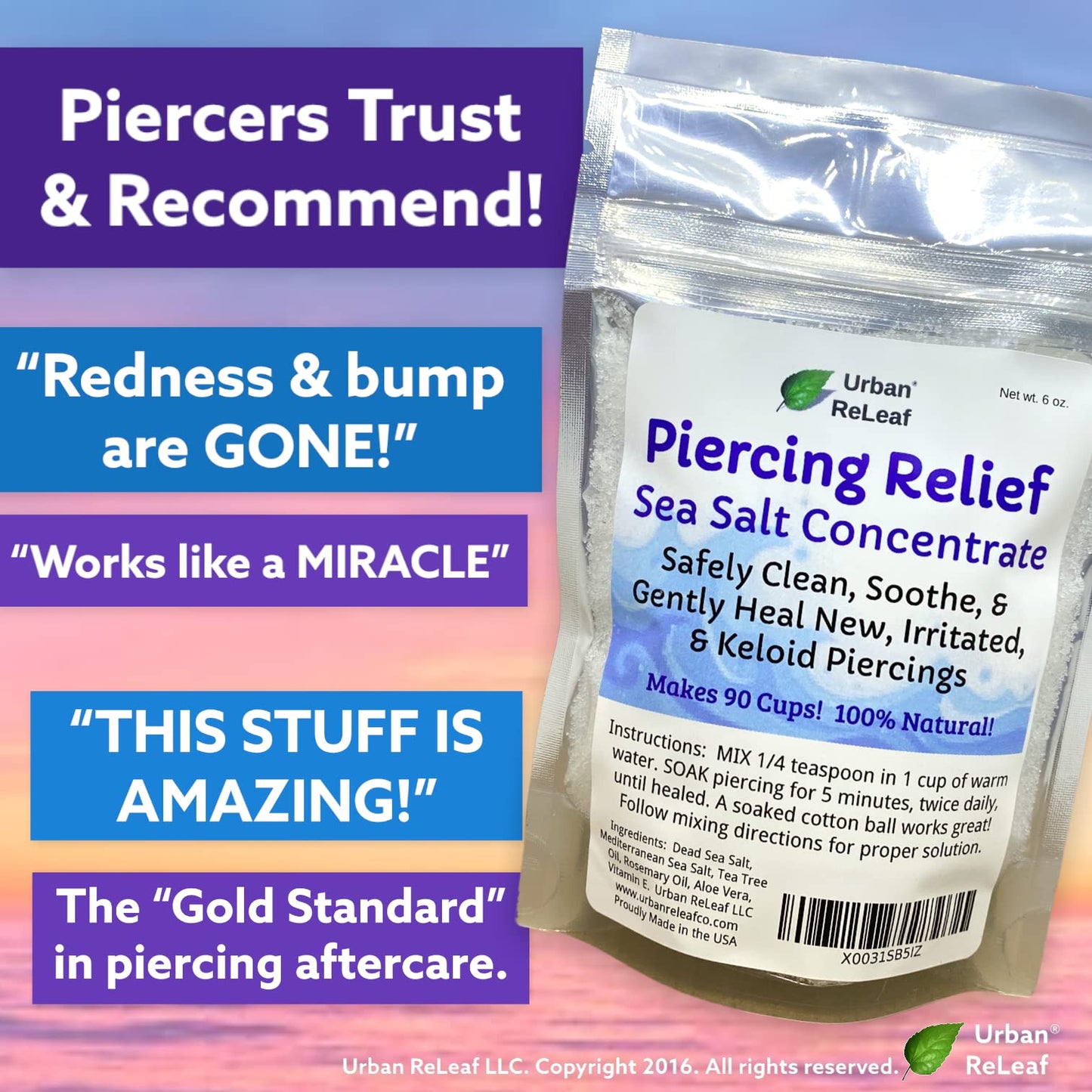 Urban ReLeaf Piercing Relief Sea Salt Concentrate AFTERCARE 6 oz. Bag! Makes 90 Cups! Safely Clean, Soothe, Gently Calm Irritated & Keloid Bump Piercings. Dead Sea Salt, Tea Tree, Rosemary