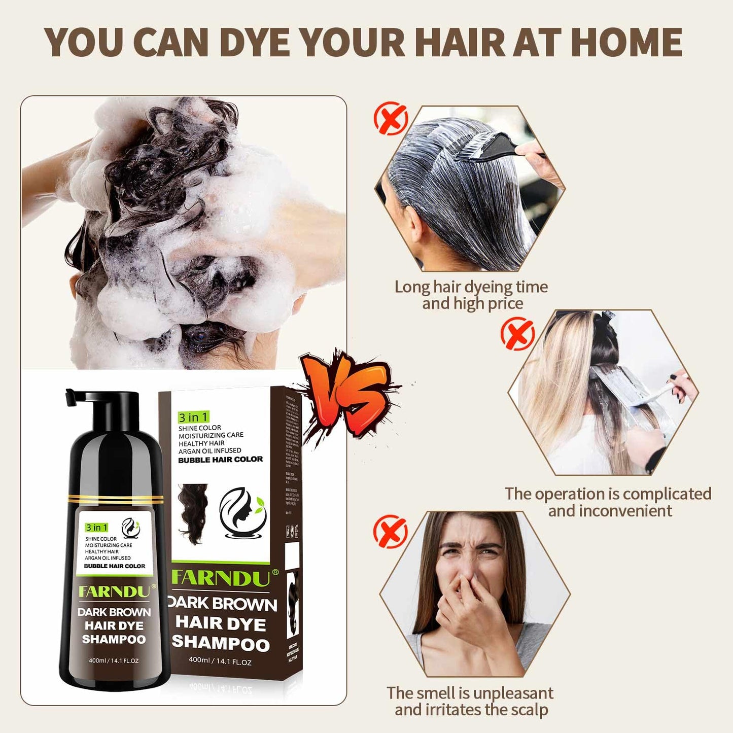 Dark Brown Hair Dye Shampoo- Gray Coverage, Herbal Natural 3 in 1 Hair Color Shampoo for Men & Women