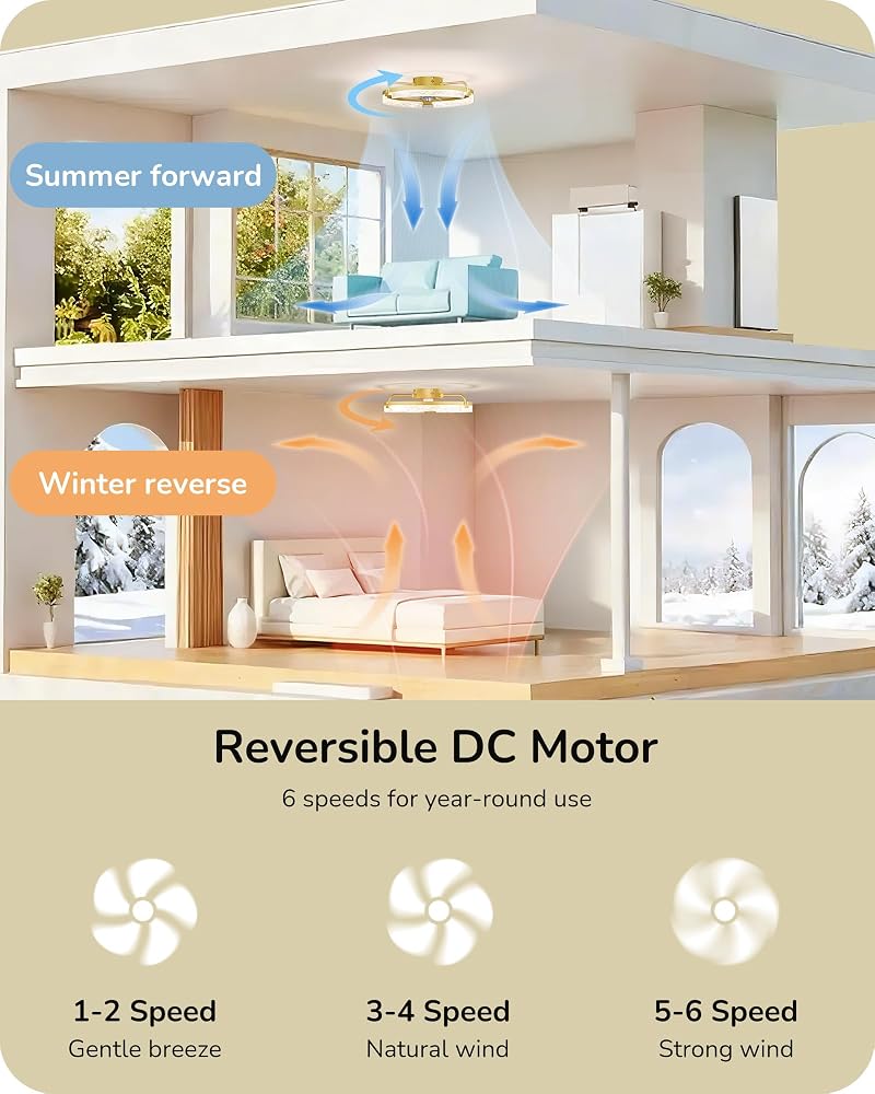 Edishine 20'' Ceiling Fan with Light - Low Profile Flush Mount, Gold Variation
