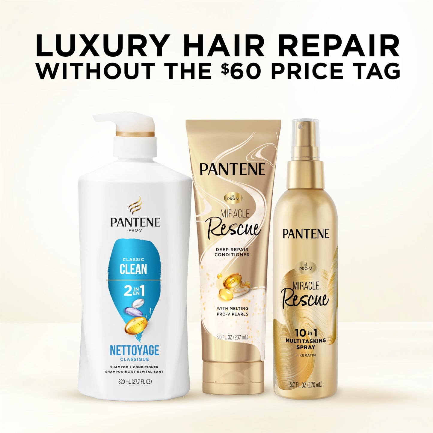 Pantene 2-in-1 Shampoo & Conditioner, Classic Clean - Pro-V Nutrients for Dry, Color-Treated Hair, Healthy Looking Hair Every Wash, Antioxidant-Rich, 27.7 Oz Each, 2-Pack + Rescue Shot (0.5 Oz)