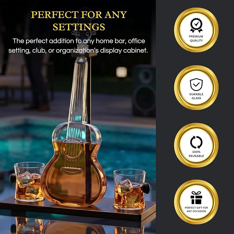 Guitar Whiskey Decanter Set with 2 Glasses | 1000 ml Borosilicate Glass - Acoustic/Classic
