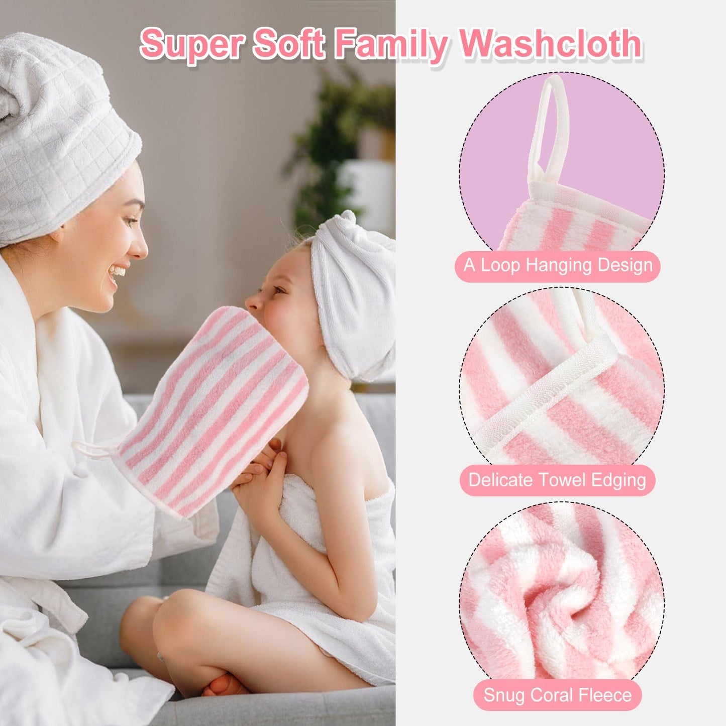 6 Striped Bath Mitts Washcloths, PHOGARY Small Hand Towels with Hanging Loop, 5"x8" Super Absorbent Soft Coral Fleece Face Towels Kid Teen Adult Body Facial Cloths Machine Washable Cloth for Showering