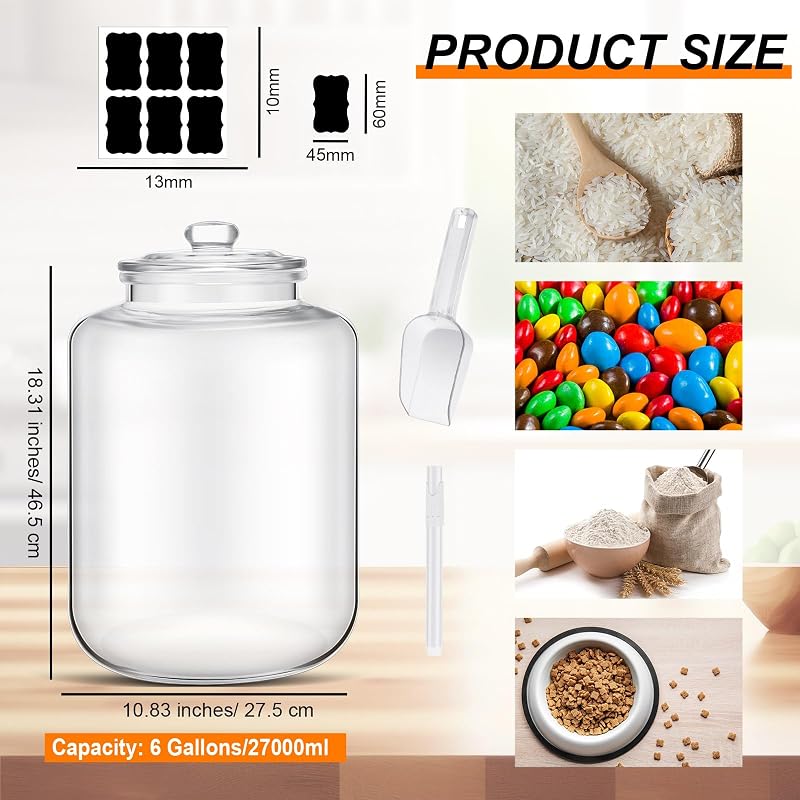 6 Gallon Glass Jar with Lid – Large Wide-Mouth Airtight Food Storage Canister for Flour, Sugar, Cookies
