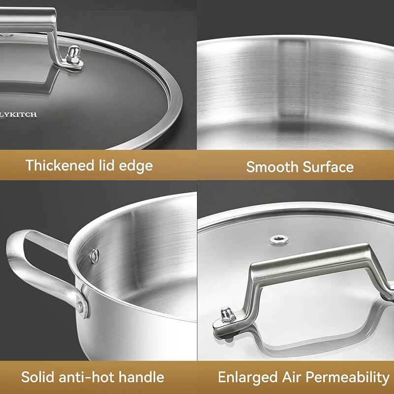 LollyKitch 8-Quart Stainless Steel Sauté Pan with Lid Tri-Ply 13 Inch - Induction Safe
