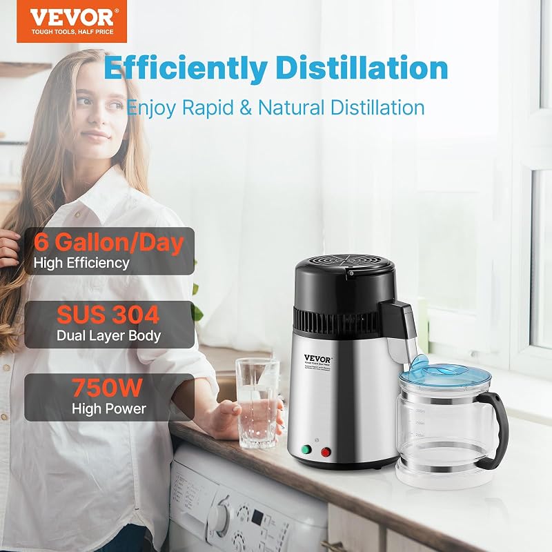Water Distiller 1.1 Gal, 750W, 304 Stainless Steel w Glass Reservoir – VEVOR, Silver+1.1Gal