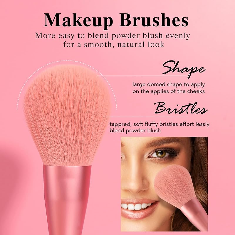 12-Pink Banidy Makeup Brush Set with Storage Bag – Vegan Synthetic Hair, Complete Kit for Eyes, Face, Concealer & Foundation