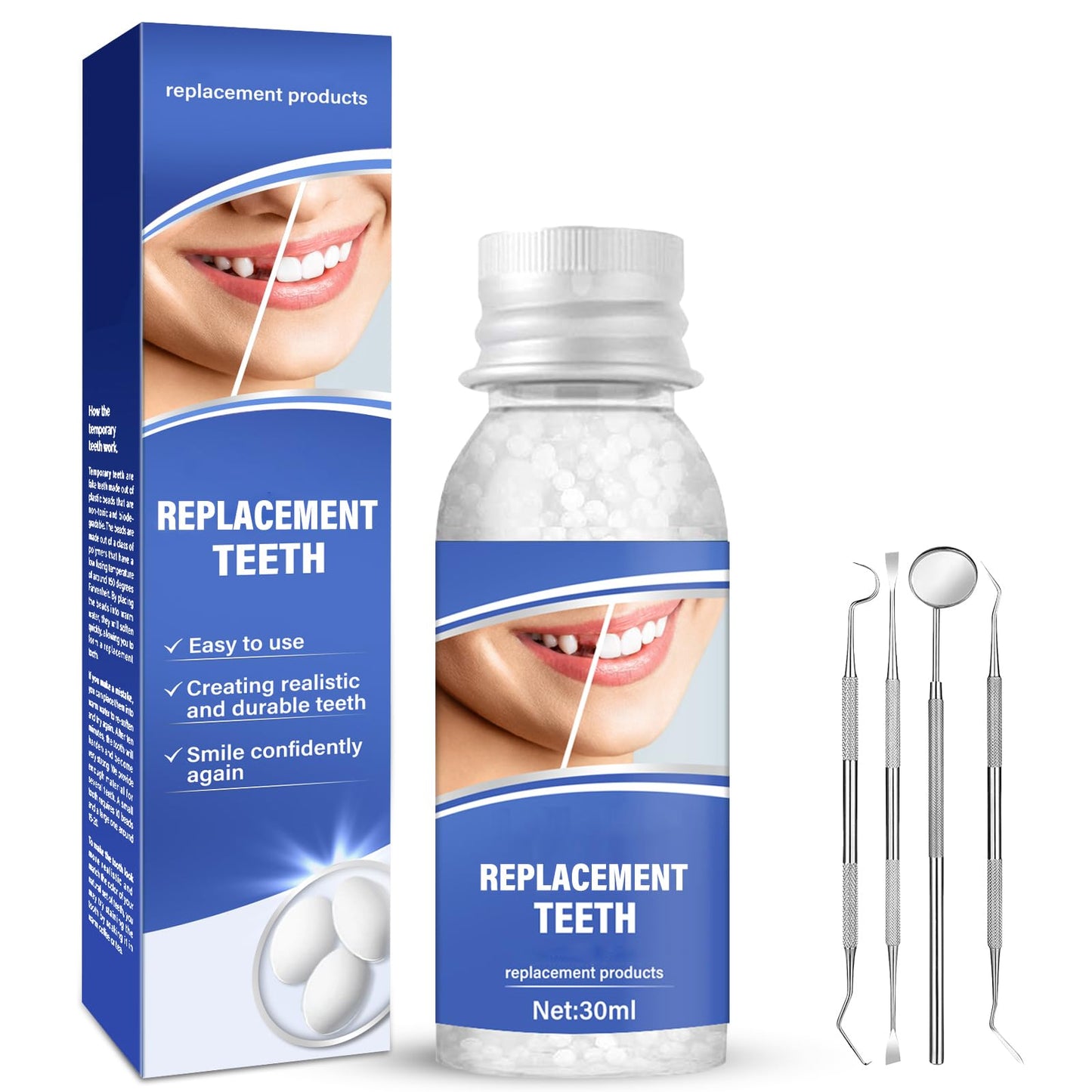 Tooth Repair Kit, Safe and Effective Fake Teeth Replacement, for Fixing Missing & Broken Teeth Replacement, Smile Confidently with 30ml Tooth Beads + 4 Dental Tools
