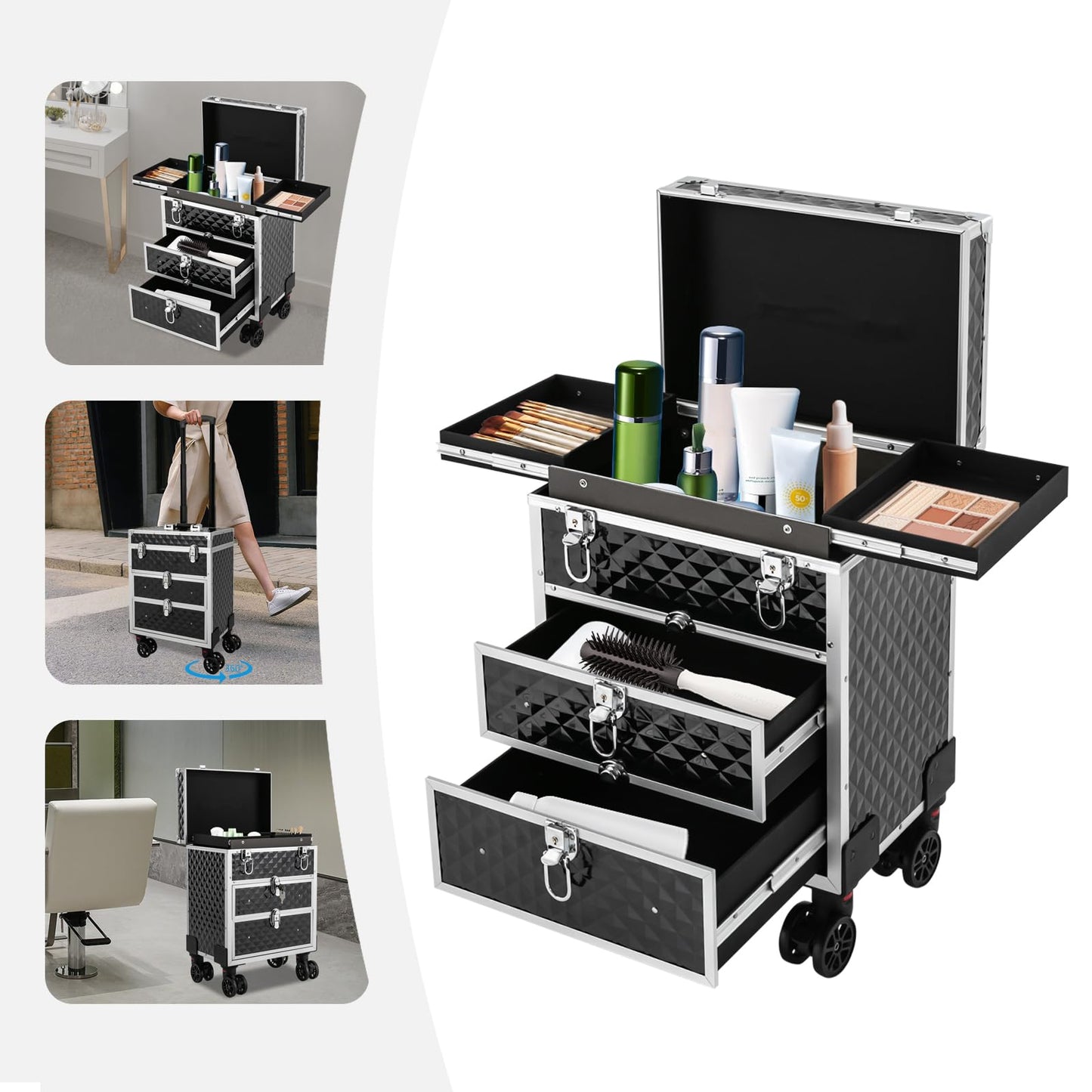 Professional Rolling Makeup Case, Cosmetic Organizer with Sliding Drawers, Makeup Case with 360° Rotatable Wheels