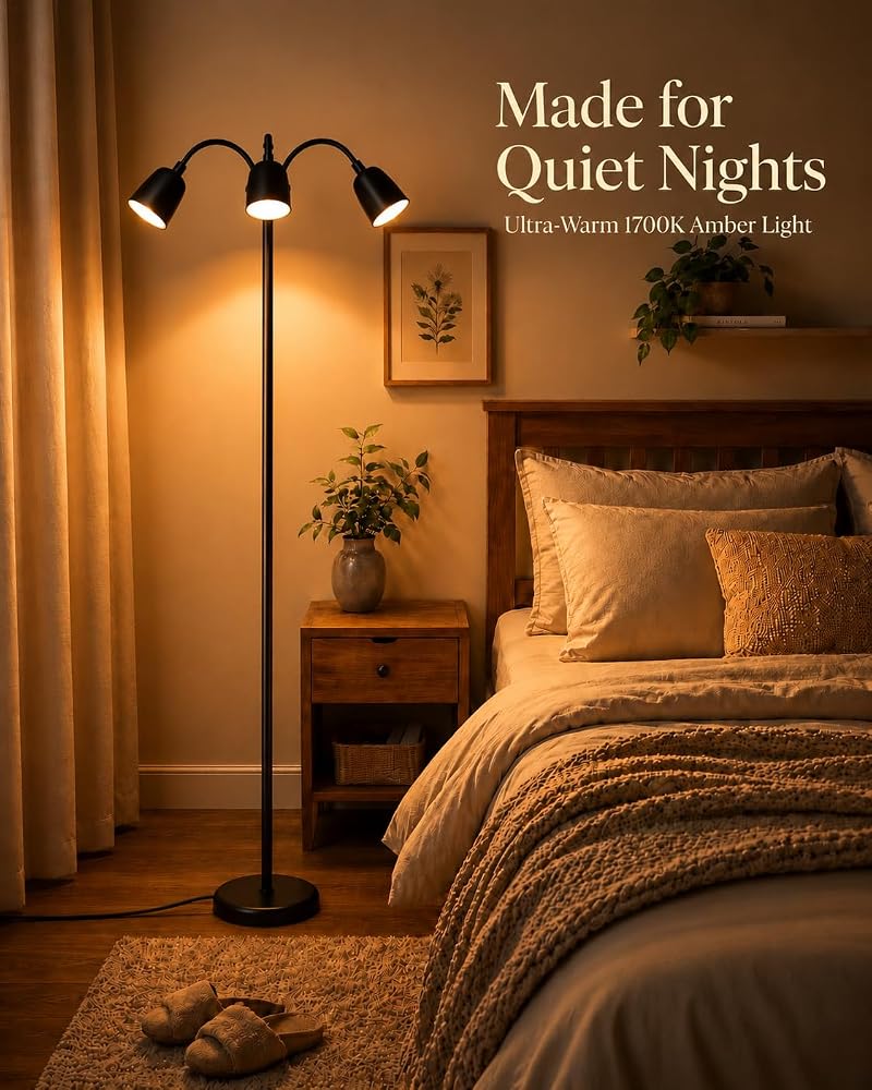 Ultra-Warm 1700K 3-Head Floor Lamp with Remote, 80.7” Tall, Stepless Dimming & Memory
