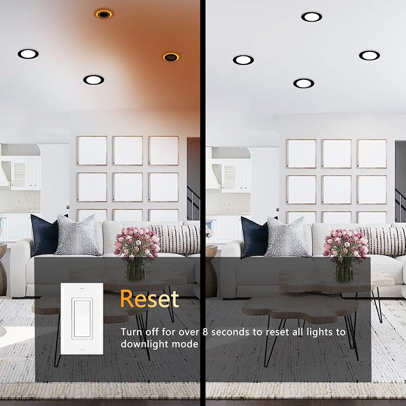CycevSun 6 Pack 4-Inch Black Recessed LED Lights with Night Light, Sync & Reset - 2700K-5000K, Dimmable
