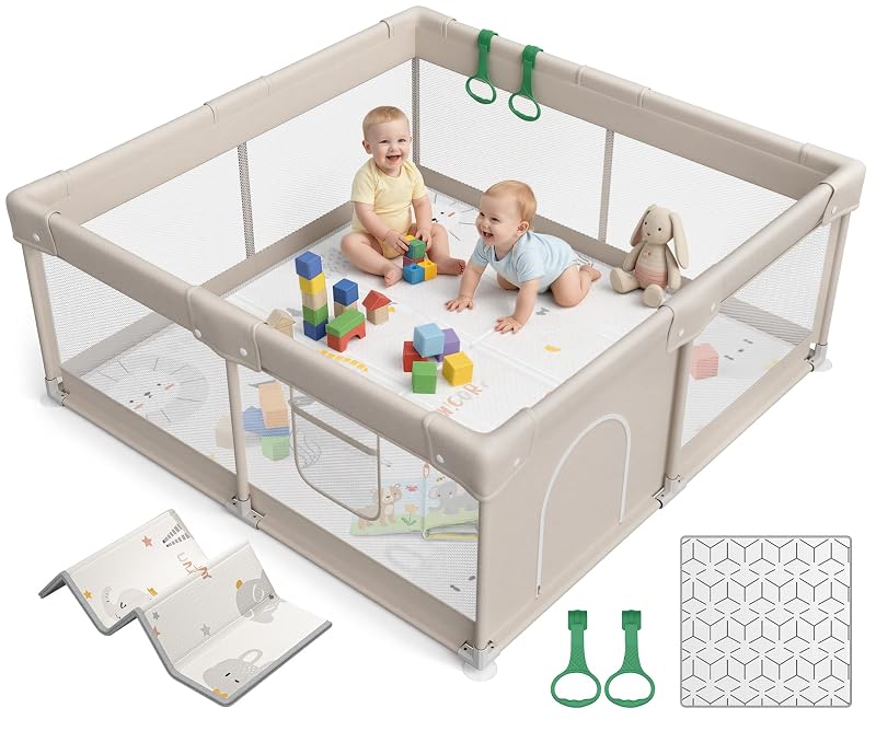 47x47in Baby Playpen with Mat (Grey) — Play Yard for Babies & Toddlers, Foldable