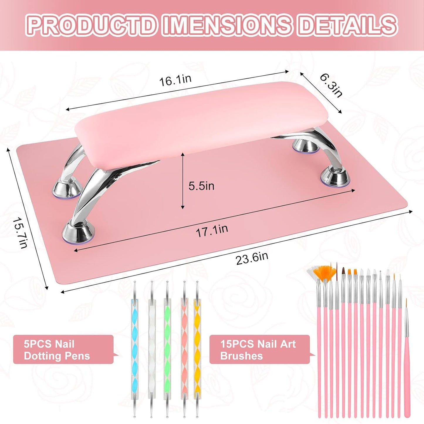 Pink Microfiber Leather Nail Arm Rest Cushion - Soft Hand Rest for Manicure & Pedicure