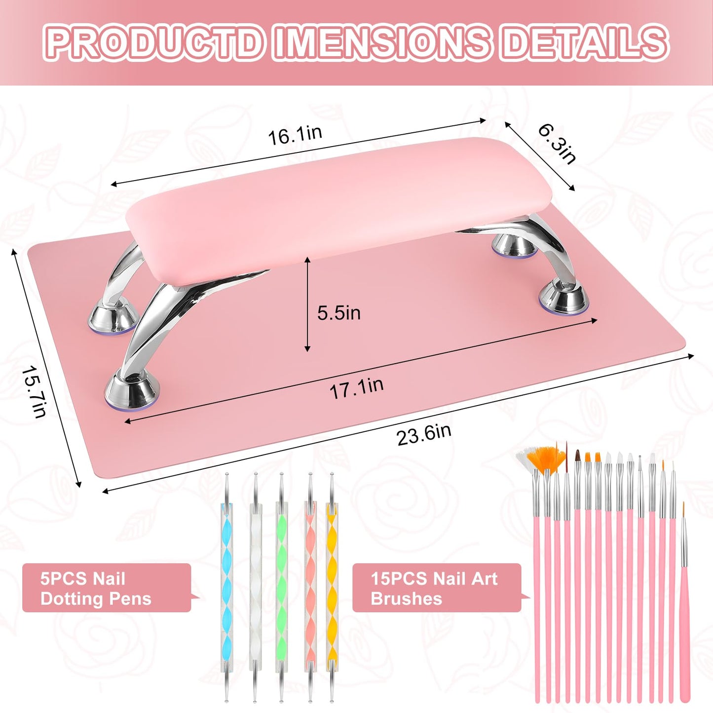 Big Arm Rest for Nails Cushion, Microfiber Leather Nail Arm Rest, Soft Hand Rest for Nails Toenails, Removable Nail Hand Rest with Installation Tools and Manicure Tools (Pink)